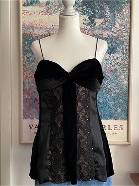 Vintage Caché Bustier Top L Black Velvet Lace Burnout Whimsigoth Vamp 90s Y2K